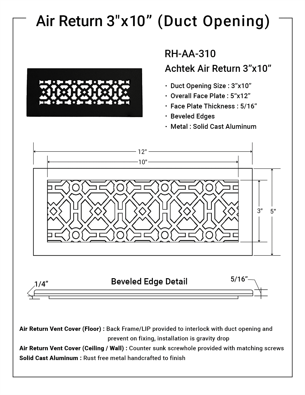 Achtek Air Return 3"x10" (Overall Size 5"x12") | Cast Aluminum Air Grille | HVAC Duct Cover for Home Ventilation