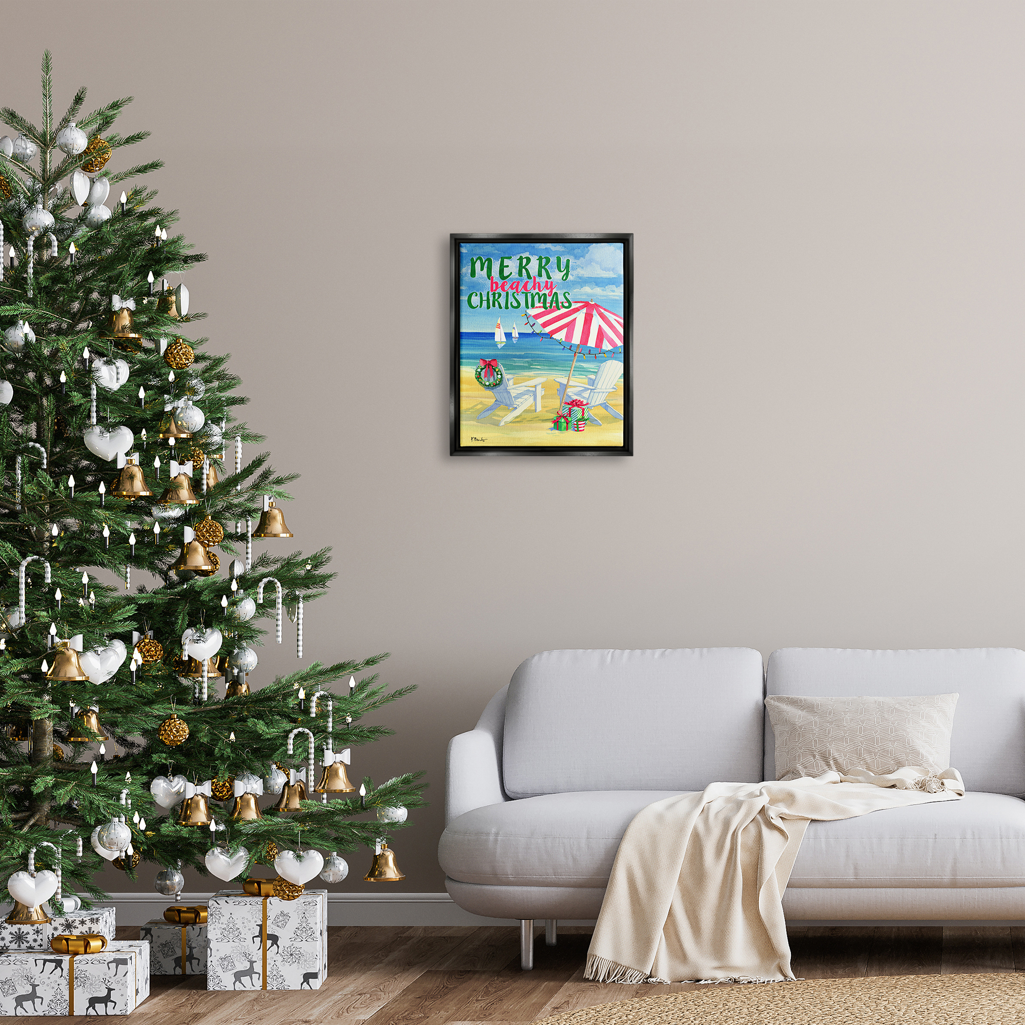 Stupell Industries Merry Beachy Christmas Holiday Painting Black Floater Framed Art Print Wall Art, 17 x 21
