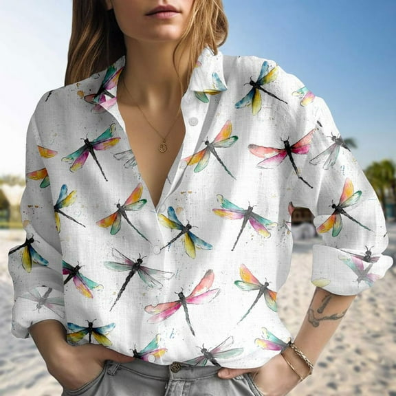 Dragonfly Print Print Blouse Shirt, Watercolor Dragonfly Casual Shirt For Women, Artsy Long Sleeve Shirt for Her, Animals Button Down Shirt For Vacation