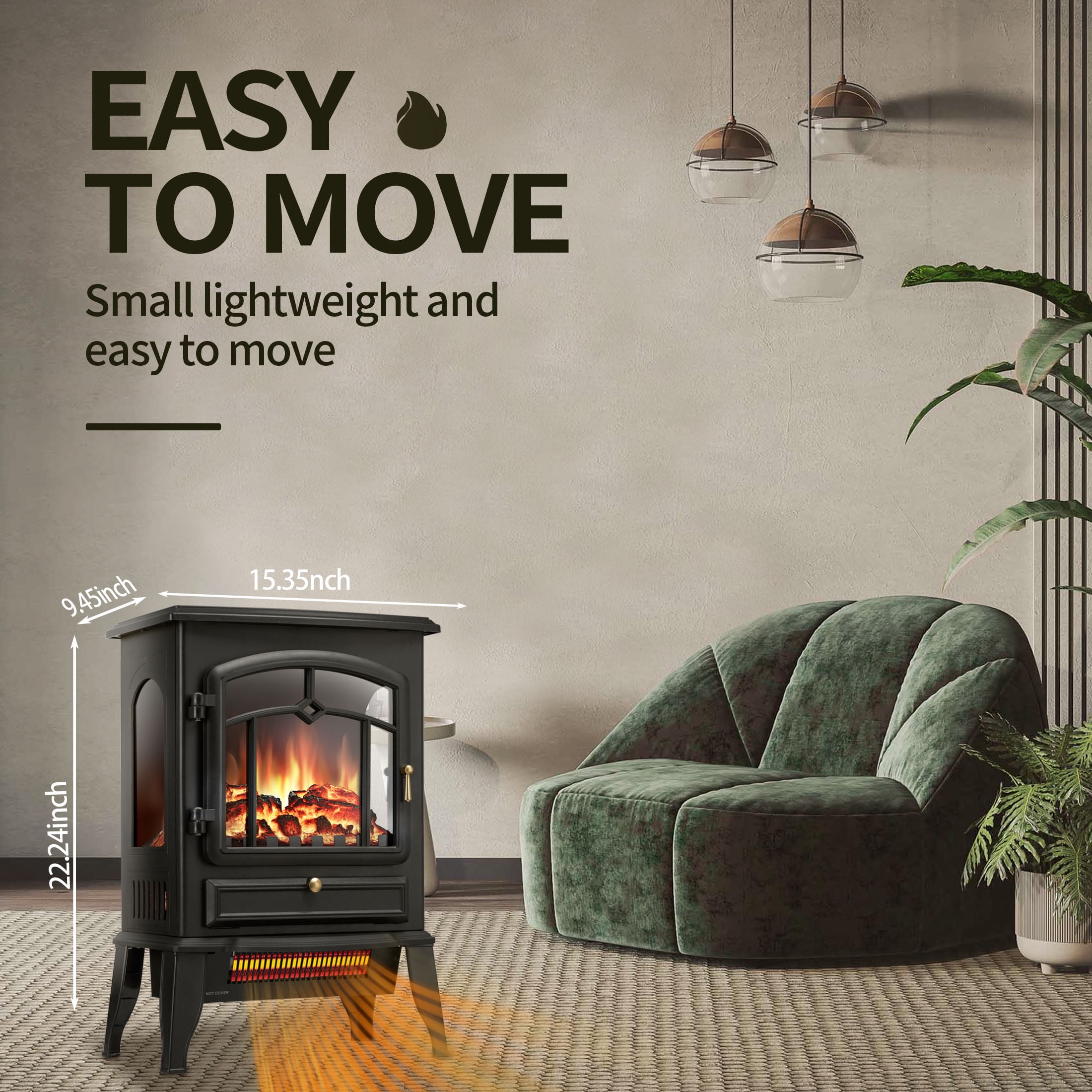 KISSAIR Infrared Electric Fireplace Stove, 15" Freestanding Fireplace Heater, Adjustable Brightness and Heating Mode, 1000W/1500W, Black