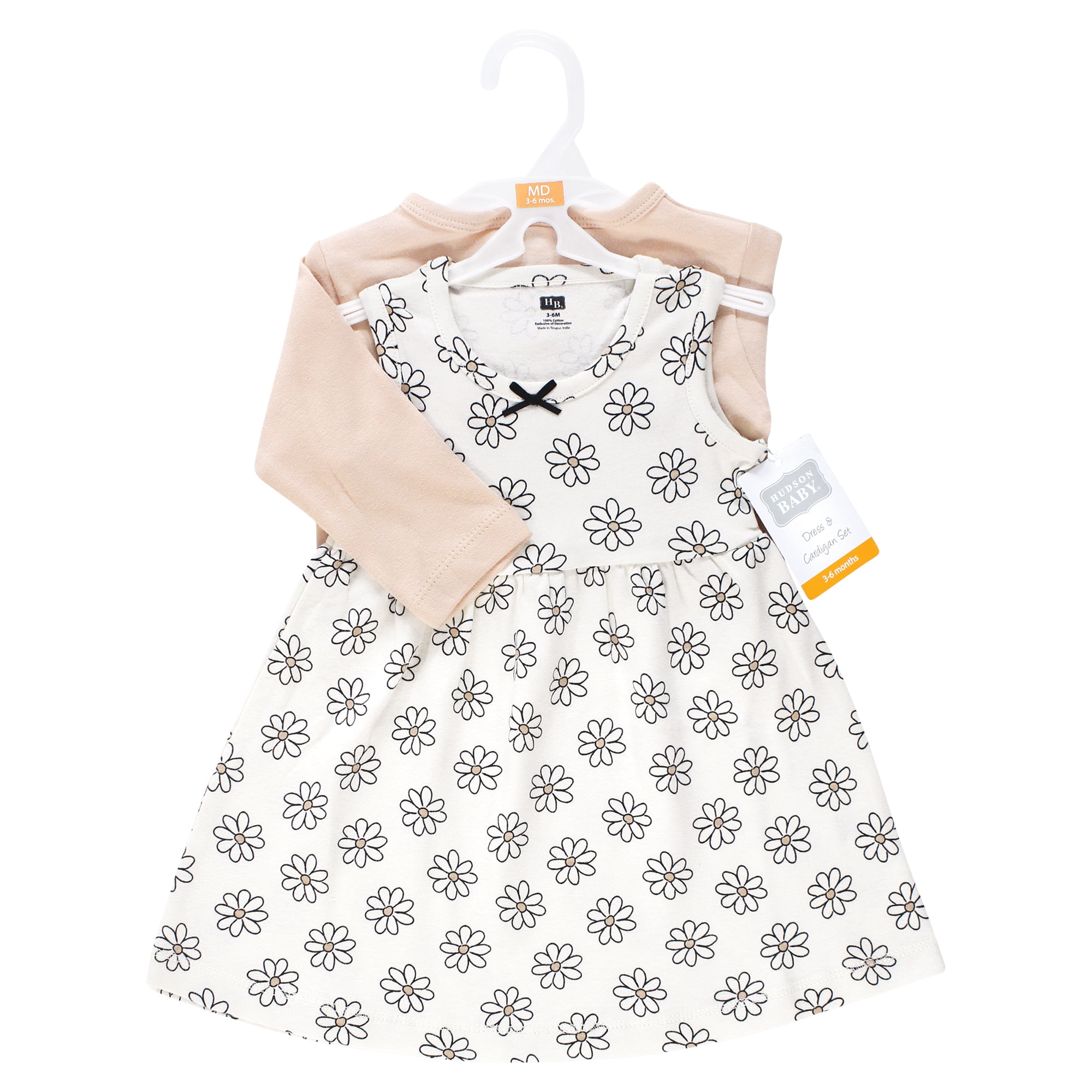 Hudson Baby Infant and Toddler Girls Cotton Dress and Cardigan Set, Neutral Daisy, 5T