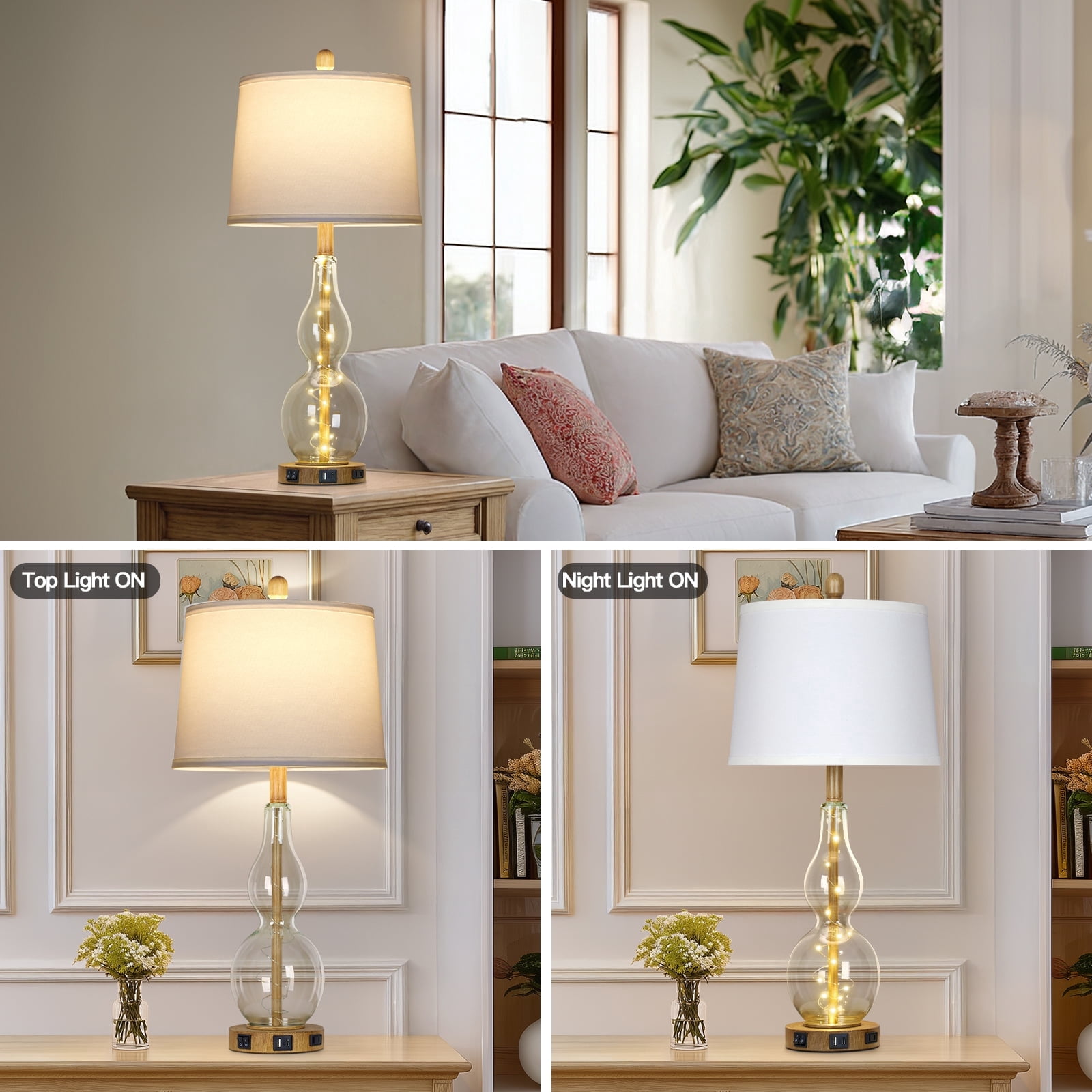 Lolikit Table Lamps Set of 2, Modern Nightstand Bedside Lamp for Bedroom Living Room with USB C+A Ports & AC outlet,Bulbs Included