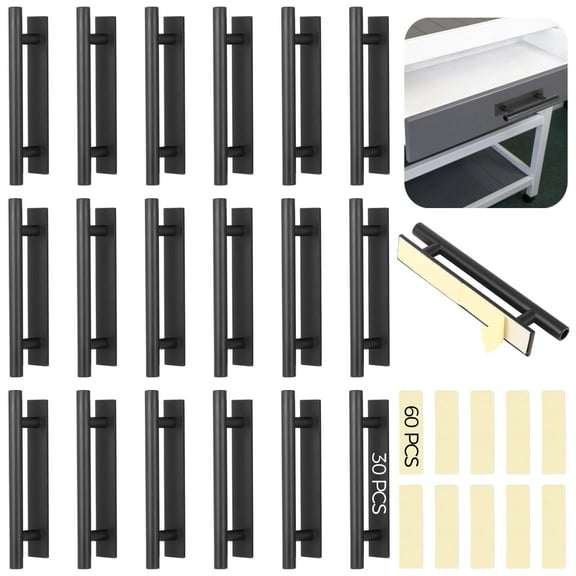 30 PCS Stick-on Cabinet Handles, Self-Adhesive Door Handles in Black, Waterproof Plastic Push Pull Helper, Peel and Stick Handles for Cabinets Drawers Wardrobes Sliding Doors