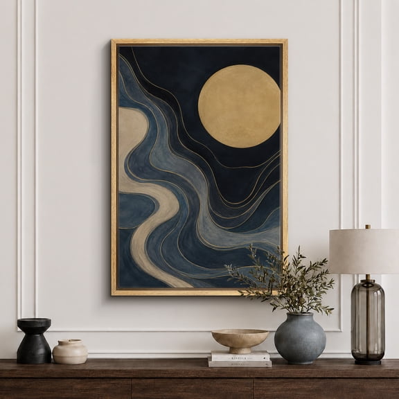 Framed Canvas Print Blue Gold Abstract Moon Wall Art Modern Decorative for Living Room Bedroom - 16"x24" NATURAL Frame