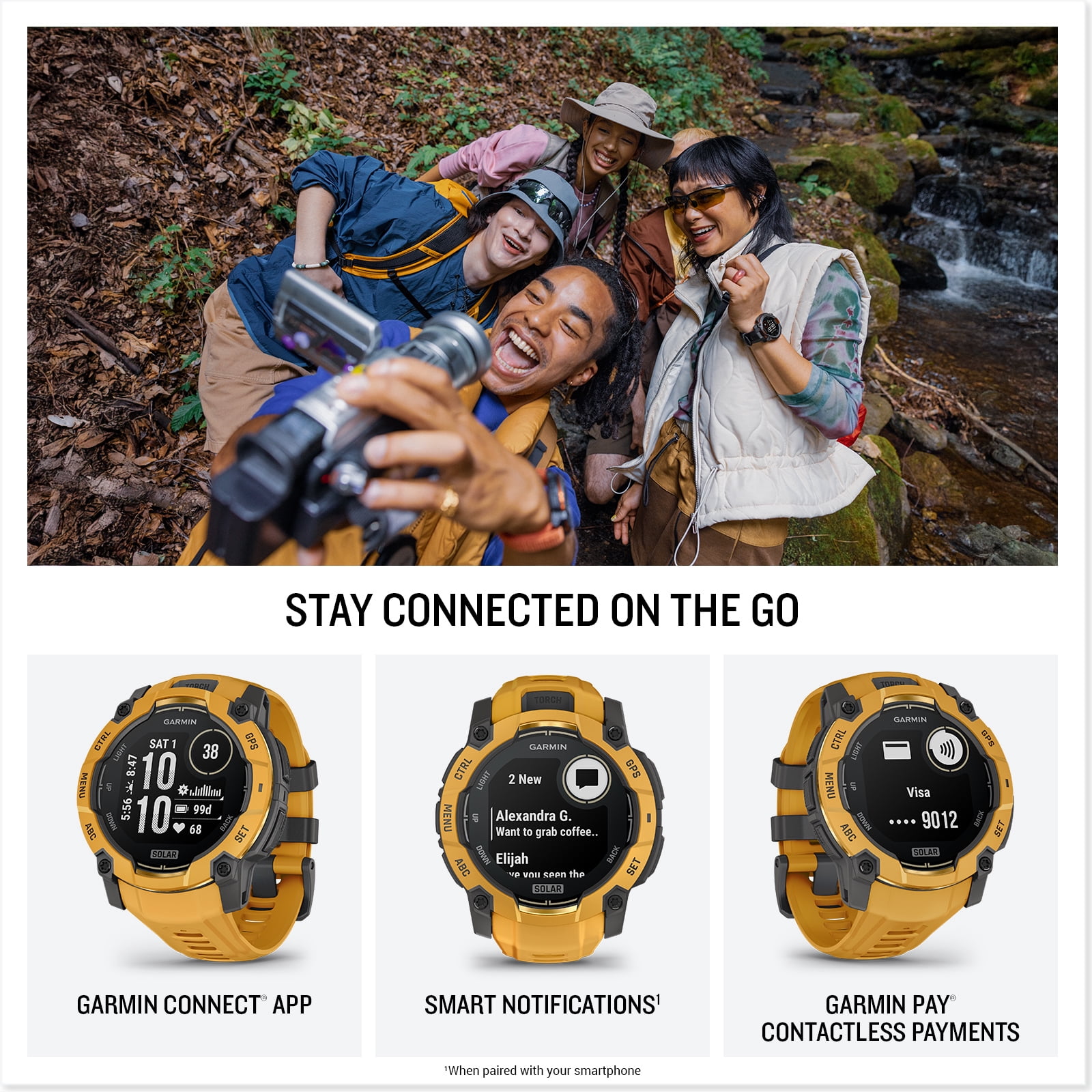 Garmin Instinct 3 - 45 mm, Solar, Rugged Outdoor GPS Smartwatch, Built-in Flashlight, Alpine Rush Collection Limited Edition Color, Sunburst Bundle With Cleaning Cloth + Wireless EarBuds + More