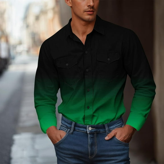 VgaVtl Long Sleeve Mens Shirt Green Collared Dress Shirts Clothing for Men Button Gradient Color with Pockets Loose Work Shirts