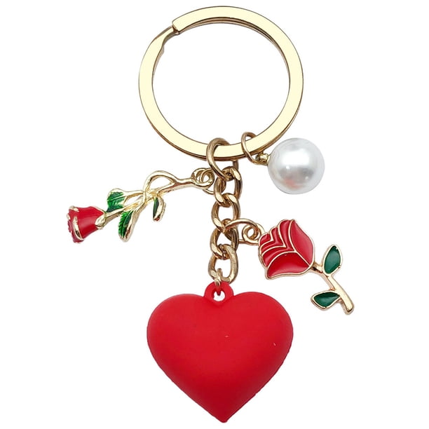 Llavero con forma de corazón, perla rosa roja y colgante en forma de corazón