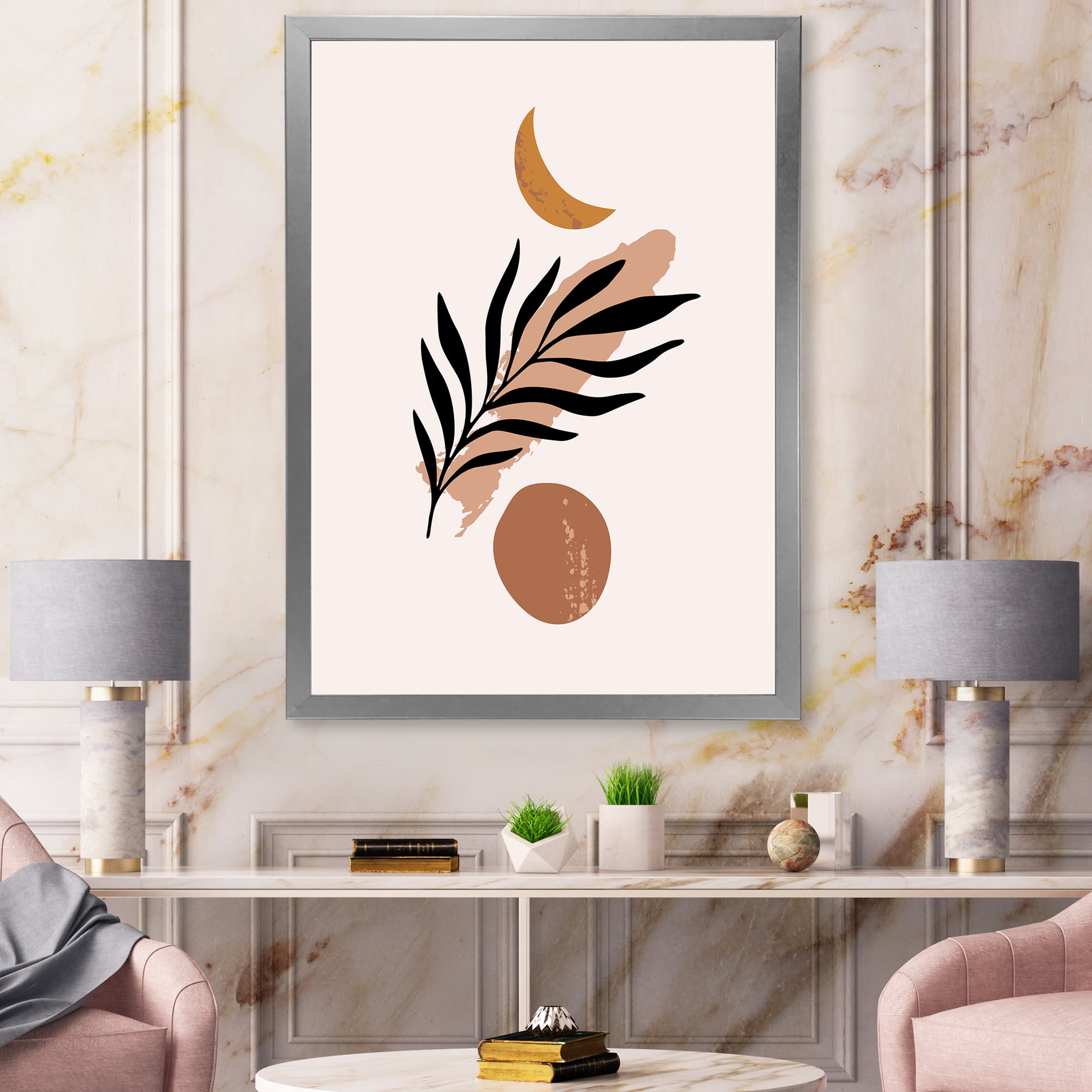 Designart 'Abstact Tropical Palm Leaf, Minimal Sun And Moon I' Modern Framed Art Print