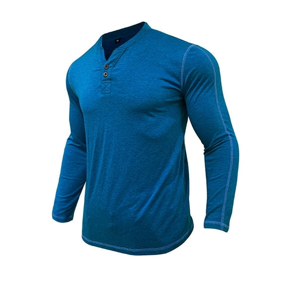 Dagegui Men's Henley Shirts Long Sleeve V Neck Button T-Shirts Plain Slim Fit Basic Pullover Tops Solid Color Casual Daily Shirt Fall Tees Blue L