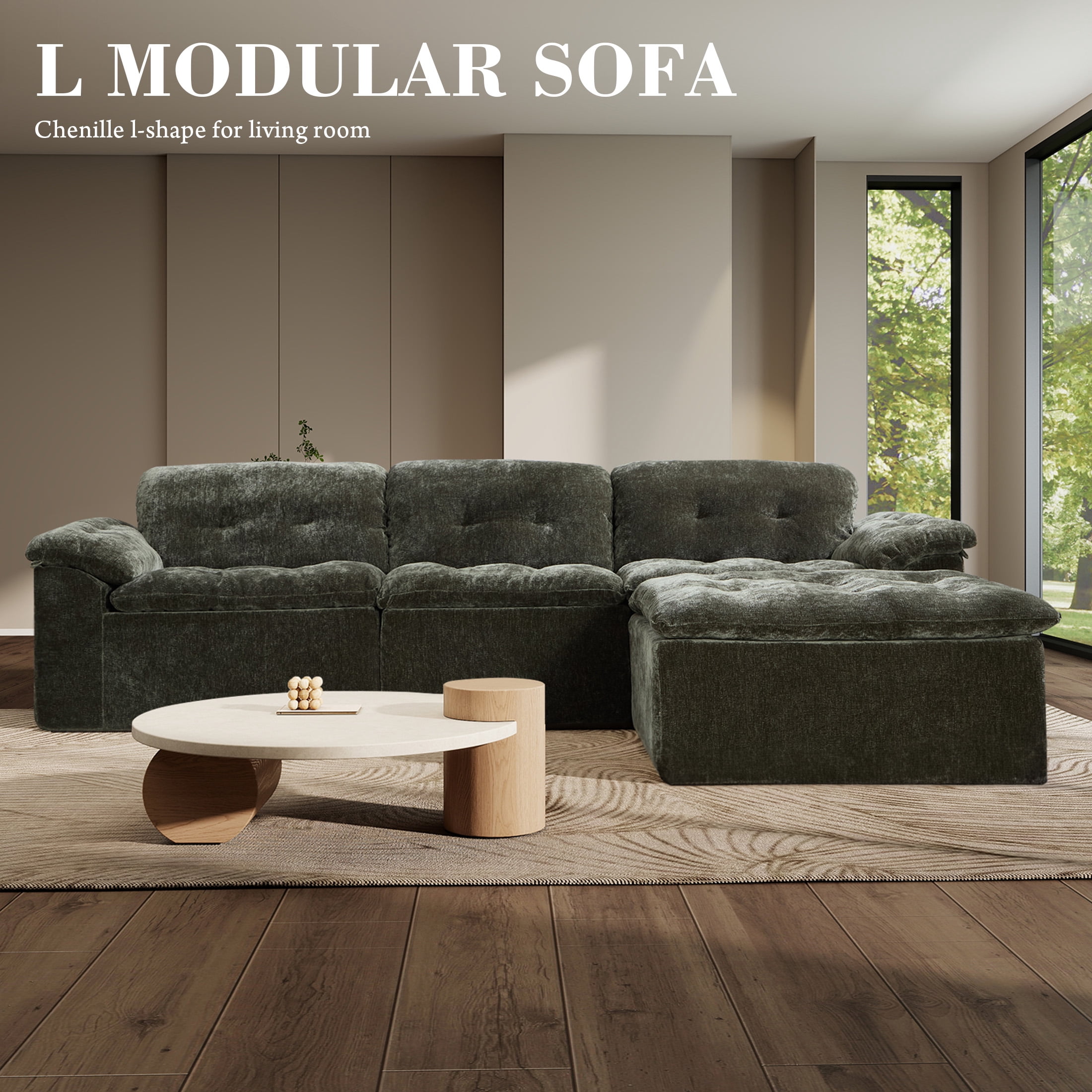 Aukfa 4-Piece L-Shaped Modular Sectional Sofa with Ottoman for Living Room, Ice Flower Chenille, Green