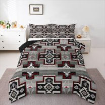 Homewish Hippie Aztec Adult Full Size Comforter Sets, Bohemian Rectangle Abstract Bedding Comforter Set, Grey Red Mandala Reversible Bedding Sets, Super Cozy Room Decor, 3pcs