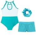 thumbnail image 4 of TiaoBug Kids 2 Pieces Girls Dance Outfit Gymnastics Sleeveless Bodysuit Leotard with Shorts Headwear Set Blue Green 16, 4 of 5
