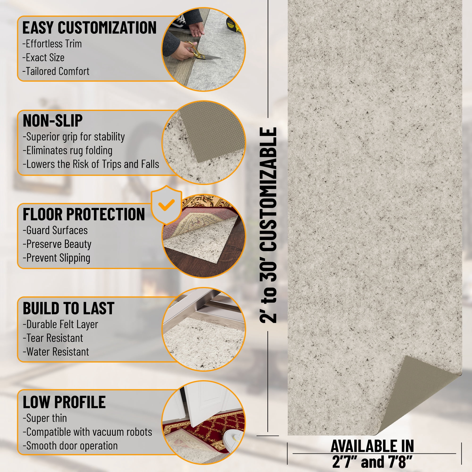 Ottomanson Non-Slip Rug Pad Grip 3x8 Felt 1/8 Thick for Any Flooring Surface, 2'7" x 8', Beige
