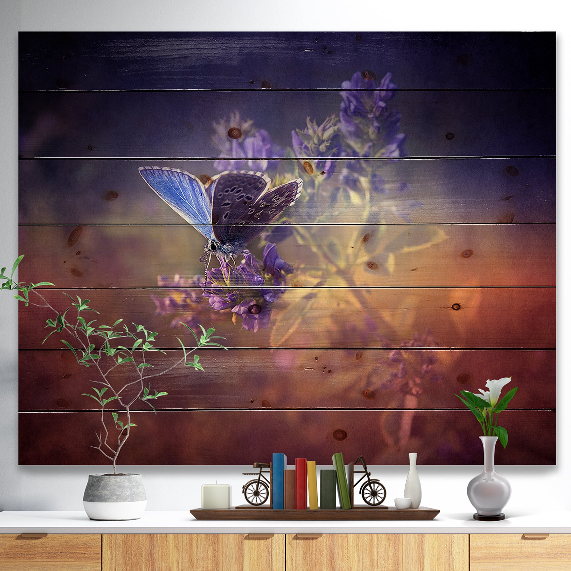 Designart 'Vintage Butterfly' Floral Art Print on Natural Pine Wood
