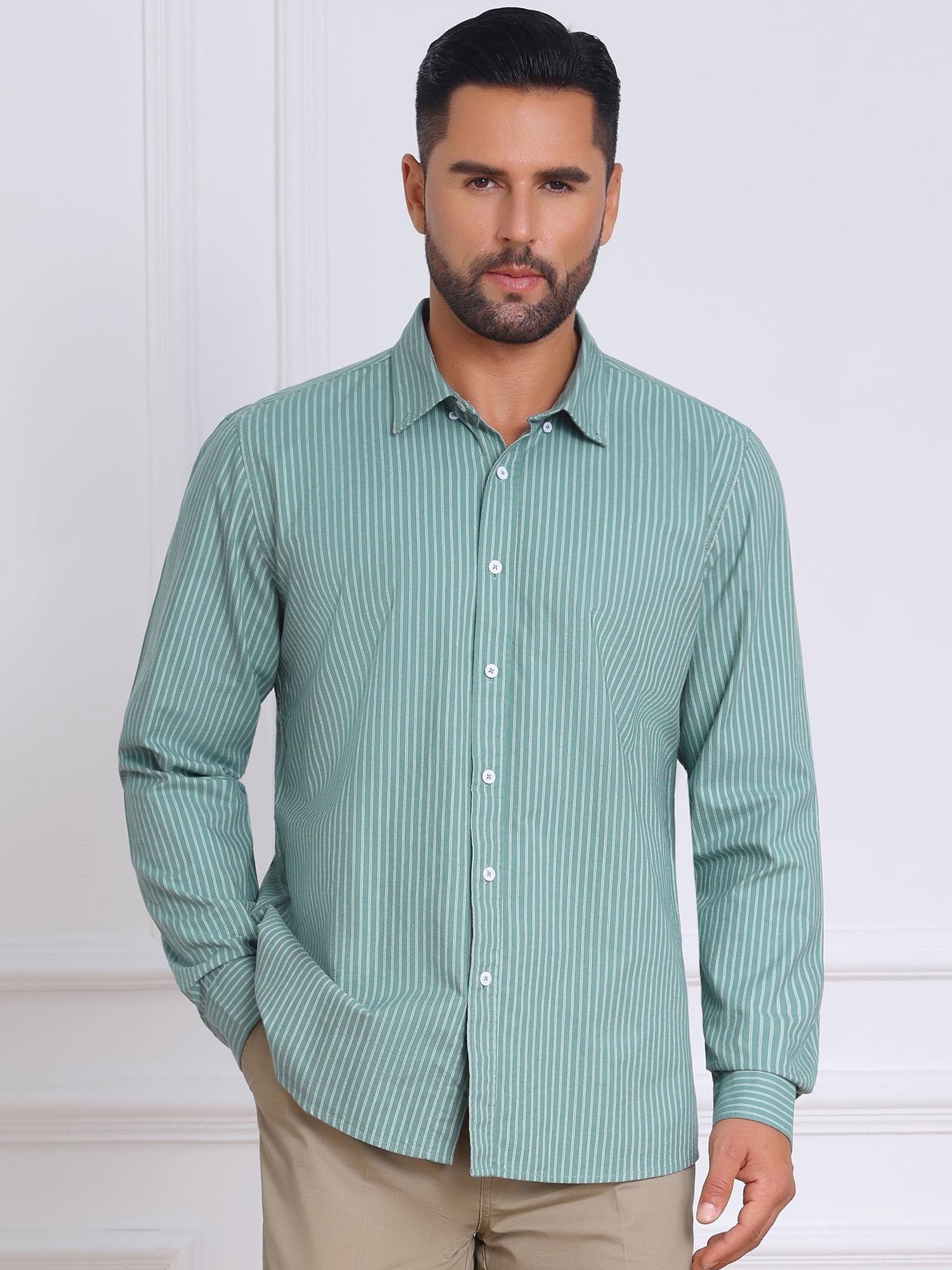 DARING DIVA Men's Stripes Long Sleeved Button Down Business Dress Shirts L Green