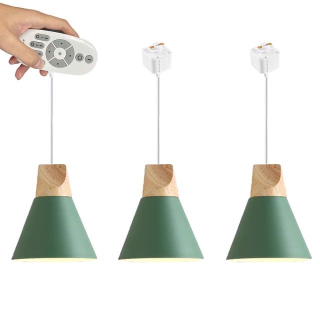 FSLiving Remote Control Pendant Light 3 Lights J-Type Track Pendant Lamps Scandinavian Style Pendant Lights for Kitchen Hanging Lamp Modern Wood and Aluminium Light Customizable - Green