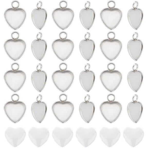 50 Sets Heart Cabochon 304 Stainless Steel Blank Bezel Pendant Trays With Glass Cabochons for Photo Craft Jewelry Making for DIY