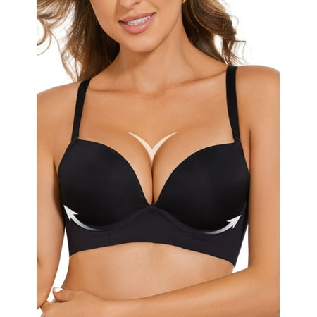 Women s Padded Push Up Bra Longline Smoothing Tshirt Bras for Women Seamless Plunge with Underwire Black 32C WANG