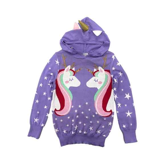Girls Purple Holiday Unicorn Stars Sparkles Hoodie Sweater Christmas XS