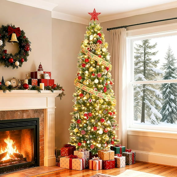 7.5ft Flocked Pencil Christmas Tree - Pre-lit Frosted Slim Artificial Tree with Pine Cone, Space Saving Xmas Tree Holiday Decoration, with 350 Full Warm White LED Lights, Foldable Base, Easy Assembly