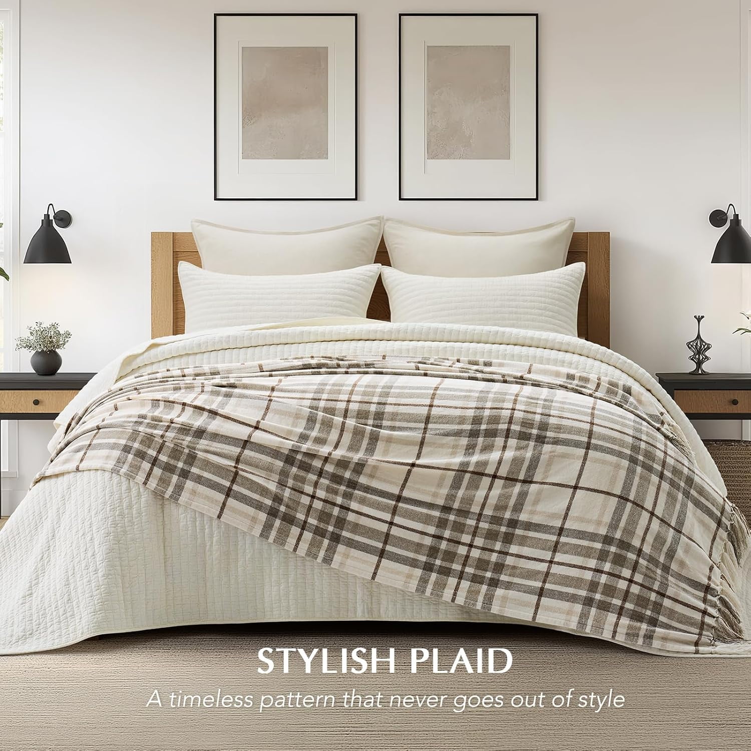 EVERGRACE Plaid Chenille Throw Blanket for Couch, Super Soft Cozy Decorative Farmhouse Plaid Throw with Tassels, Lightweight Chenille Knit Throw for Bed Sofa Gift Home Decor, Beige 50”x60”