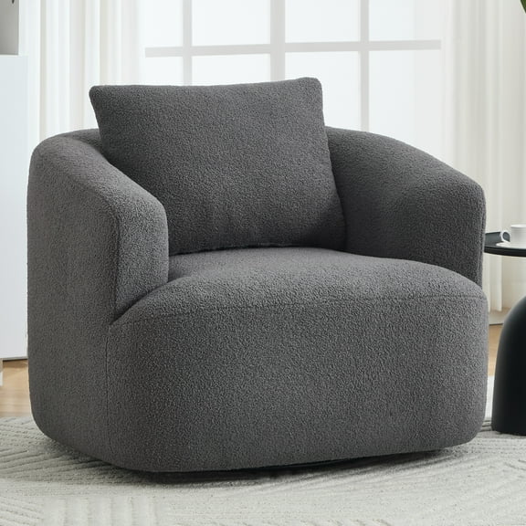360° Swivel Round Chair with Soft Pillow, Teddy Fleece Upholstered Single Sofa Chair, No Assembly Comfy Seat for Living Room, Bedroom, Apartment, Antique Dark Grey
