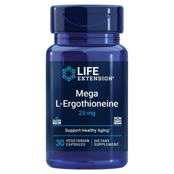 Life Extension Mega L-Ergothioneine, healthy aging amino acid, antioxidant, powerful 25 mg dose, L-ergothioneine, gluten-free, non-GMO, vegetarian, 30 capsules