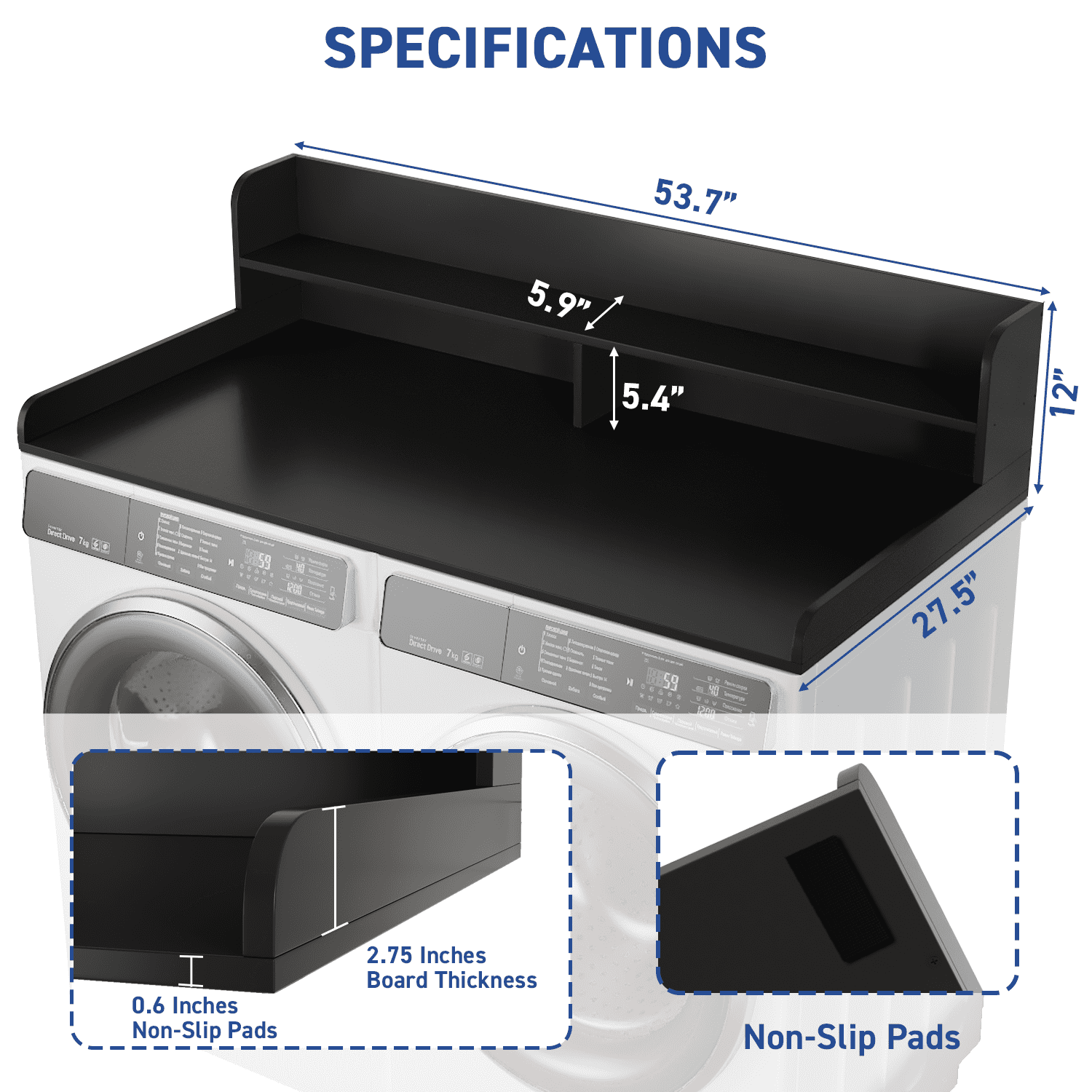 Waleaf 2-Tier Modern Washer Dryer Countertop with Shelf, 54" Laundry Topper for Folding & Storage, Universal Fit