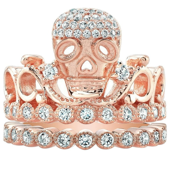 Sterling Silver CZ Skull Crown Ring and Band Set (Rose Gold Plated)