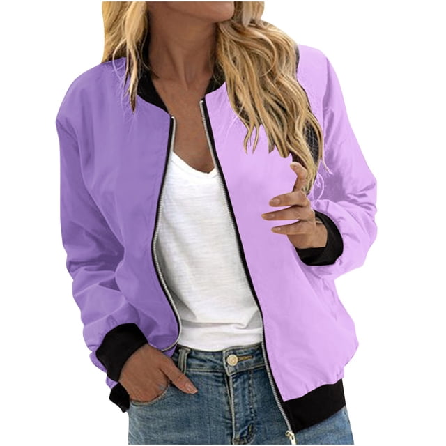 vdgthytj Jackets for Women Zip up Long Sleeve Classic Bomber Jacket Fall Lightweight Color Block Thin Outwear