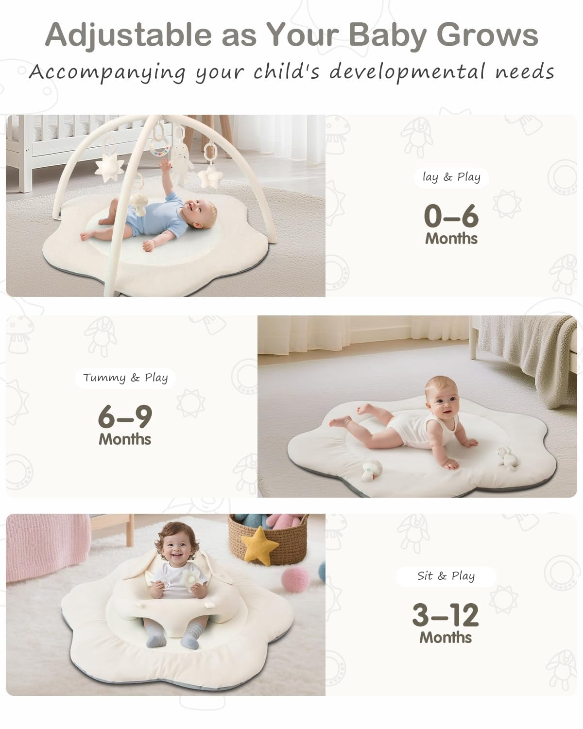 Baby Gym Play Mat, Sitting-up Babies Seats for Infants,with 5 Detachable Toys, Infant Toddler Activity Tummy Time Playmats for Newborn 0-12 Months, Beige