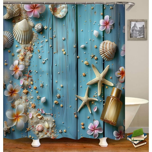 Seashell Shower Curtain Sets Sea Shells Starfish on Teal Wooden Board Beach Bath Shower Curtain Cloth Turquoise Bathroom Accessories Sets with Hooks-60"W x 72"L (Pack of 1)