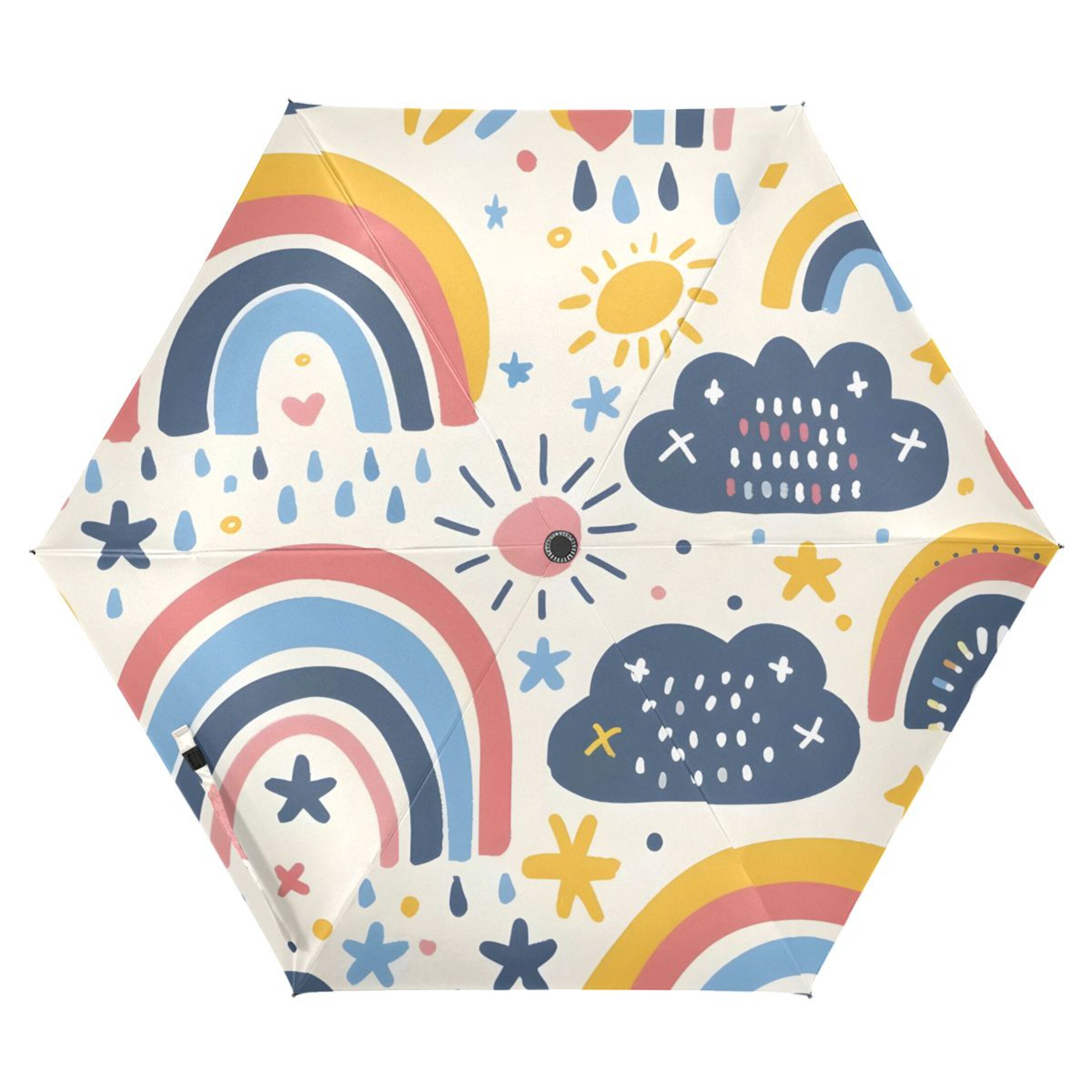Rainbows Clouds Stars Sun Doddle All Weather Umbrella Triple Folding Parasol 6 Ribs UV Protection Portable
