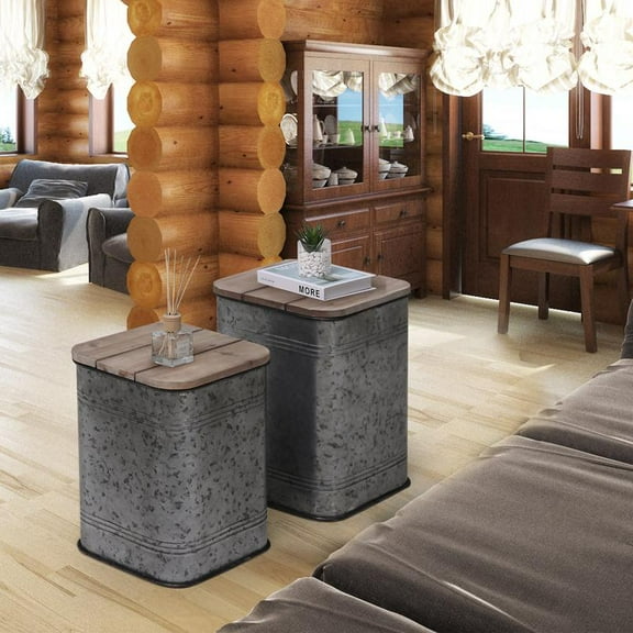 Farmhouse Accent Side Table, Rustic Storage Ottoman Seat Stool, Galvanized Antique Metal End Table Box Bin with Wood Lid, Coffee or Cocktail Table,Nesting Pieces Two