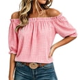 thumbnail image 3 of ClodeEU Women's Plaid Off Shoulder Blouse,Short Puff Sleeve Cropped Casual Summer Top Red-Plaid ^,Women's Plus XXL, 3 of 9