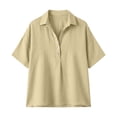 thumbnail image 5 of HongQid Short Sleeve Collared Henley Cotton Shirt for Women Partial Button Placket Drop Shoulder Loose Curved Hem Breathable Woven Casual Tunic, 5 of 6