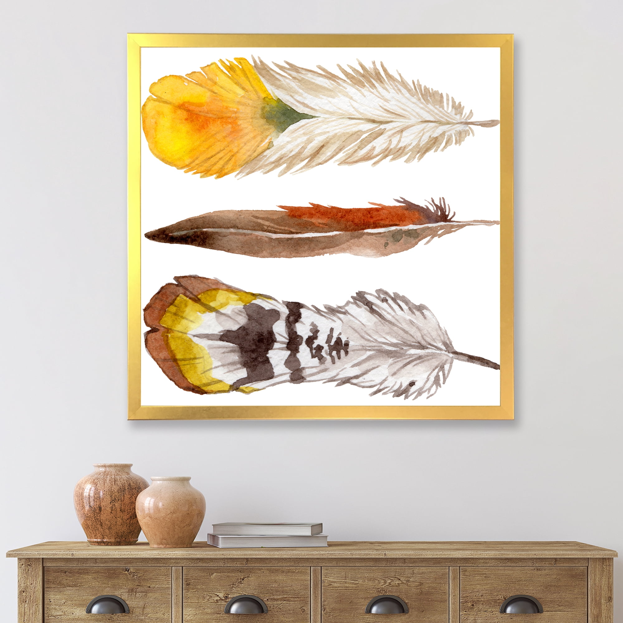 Designart 'Ethnic Yellow Feather From Wing On White' Bohemian & Eclectic Framed Art Print
