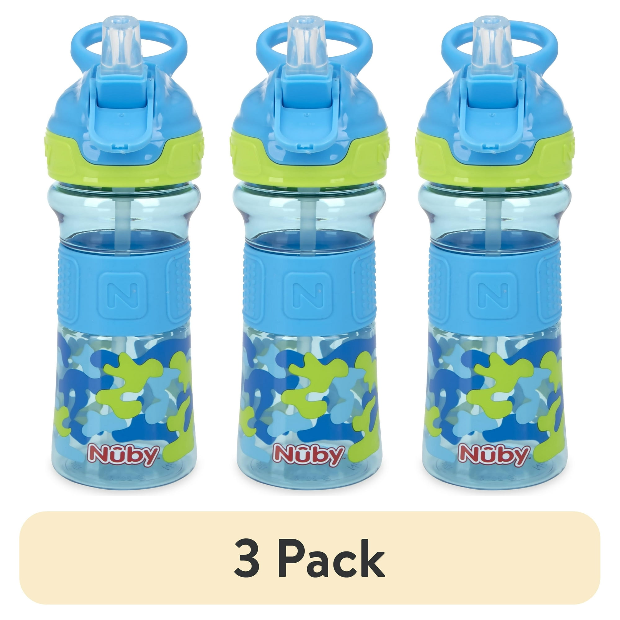 (3 pack) Nuby Thirsty Kids Flip-It Reflex Soft Spout Water Bottle, 18+ Months, Blue, 12 oz