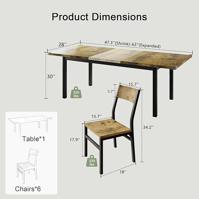 iPormis 63" Extendable Kitchen Table Set for 4-6 People, 7-Piece Large Dining Table Set With 6 Chairs,Mid-Century Modern Dining Room Table,Rustic Brown