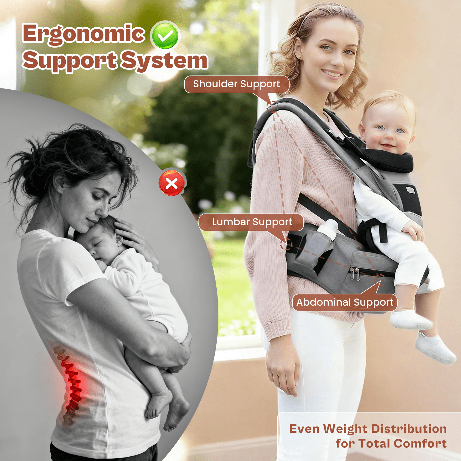 Baby Carrier with Hip Seat Convertible Soft and Cool Baby Carrier 4-Position for Child, Black