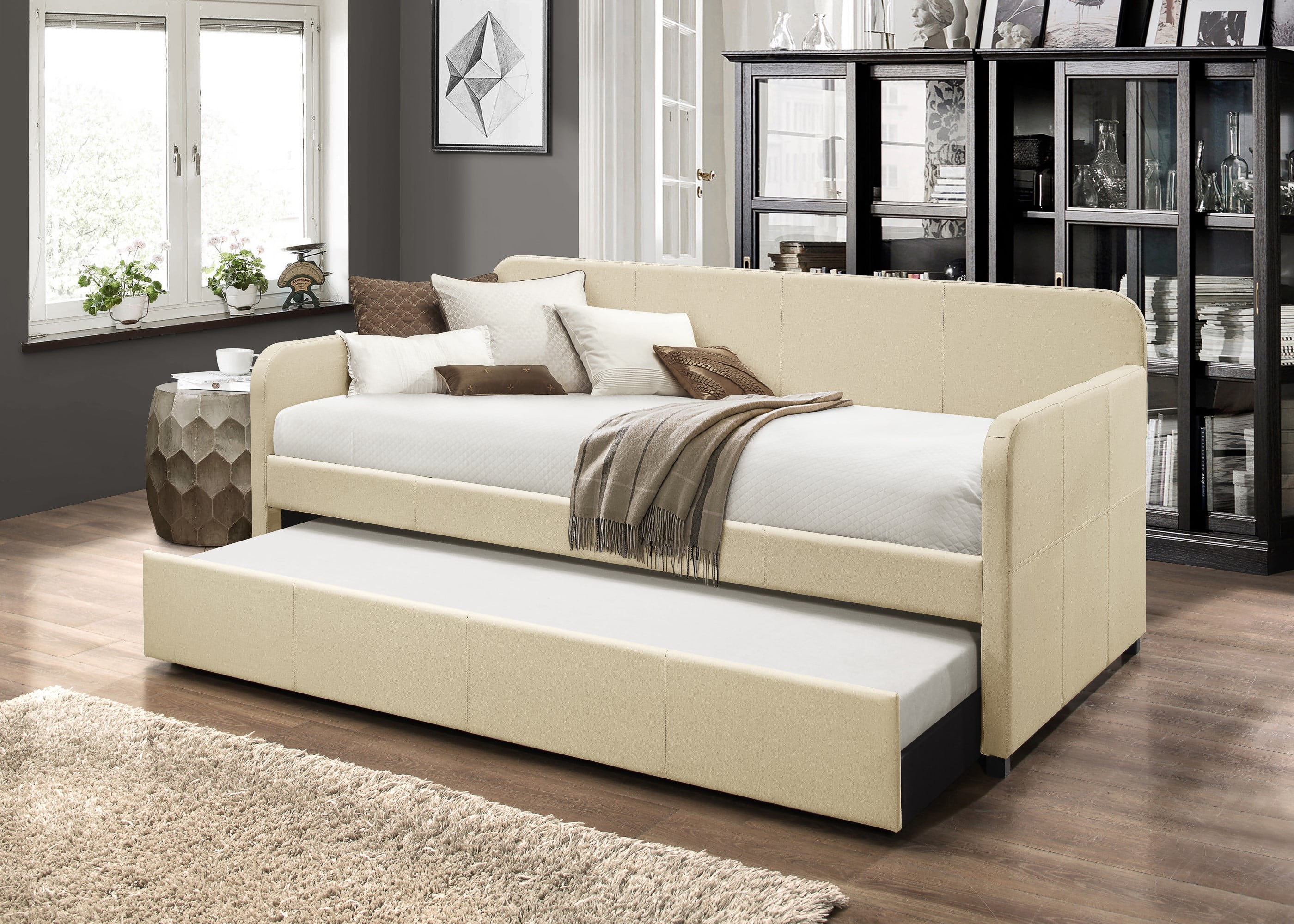 Home Design Tiara Twin Daybed with Upholstered Frame and Pull-Out Trundle, Casual Design for Bedroom or Guestroom, Beige
