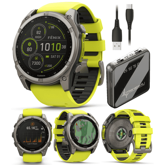 Garmin Fenix 8 - 51 mm, Solar, Sapphire, Titanium with Amp Yellow/Graphite Silicone Band GPS Smartwatch with Power Bank