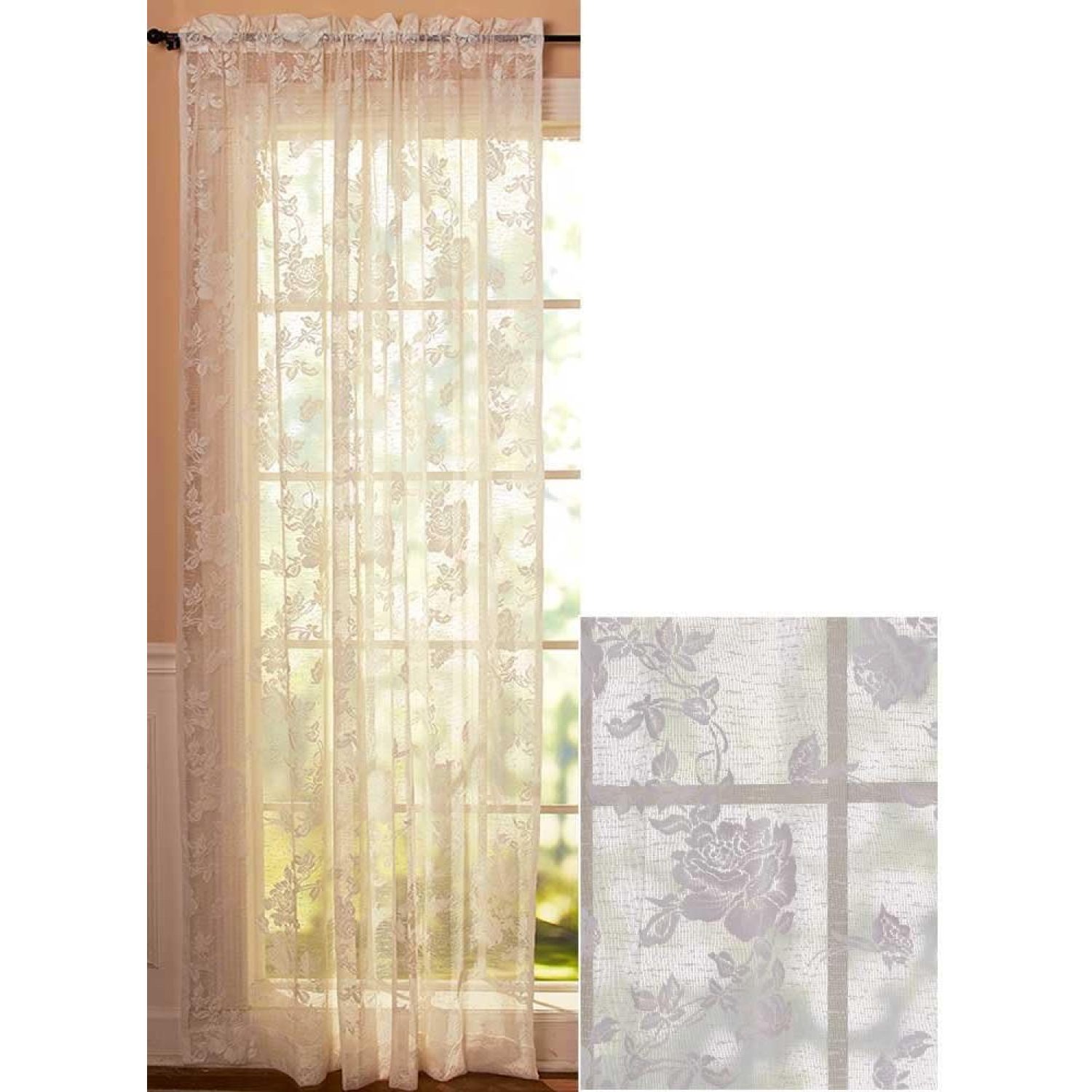 Abbey Rose Floral Lace Curtain (White, 50"W x 84"L Panel)