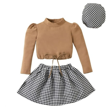 

QBGSAY Kids Outfits Sets Toddler Baby Girls Spring Autumn Plaid Cotton Long Sleeve Tops Skirts Hat 3Pc Clothes Leisure Outfits Suit