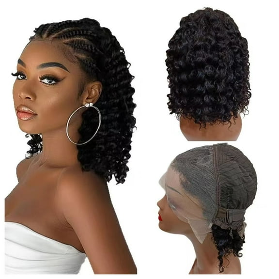 Braided Wigs Human Hair Bob Curly Hair Wig13x4 Lace Frontal Wigs Cornrow Braided Short Wigs for Black Women Glueless Curly Lace Front Wigs (10 inch) (Black)
