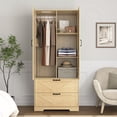 thumbnail image 5 of 2 Door Wood Wardrobe for Bedroom with Hanging Clothing Rod inside the Cabinet and 2 Drawers for Storage Organization, Built-in induction light Multifunctional Closet with Mirror, Natural, 5 of 6
