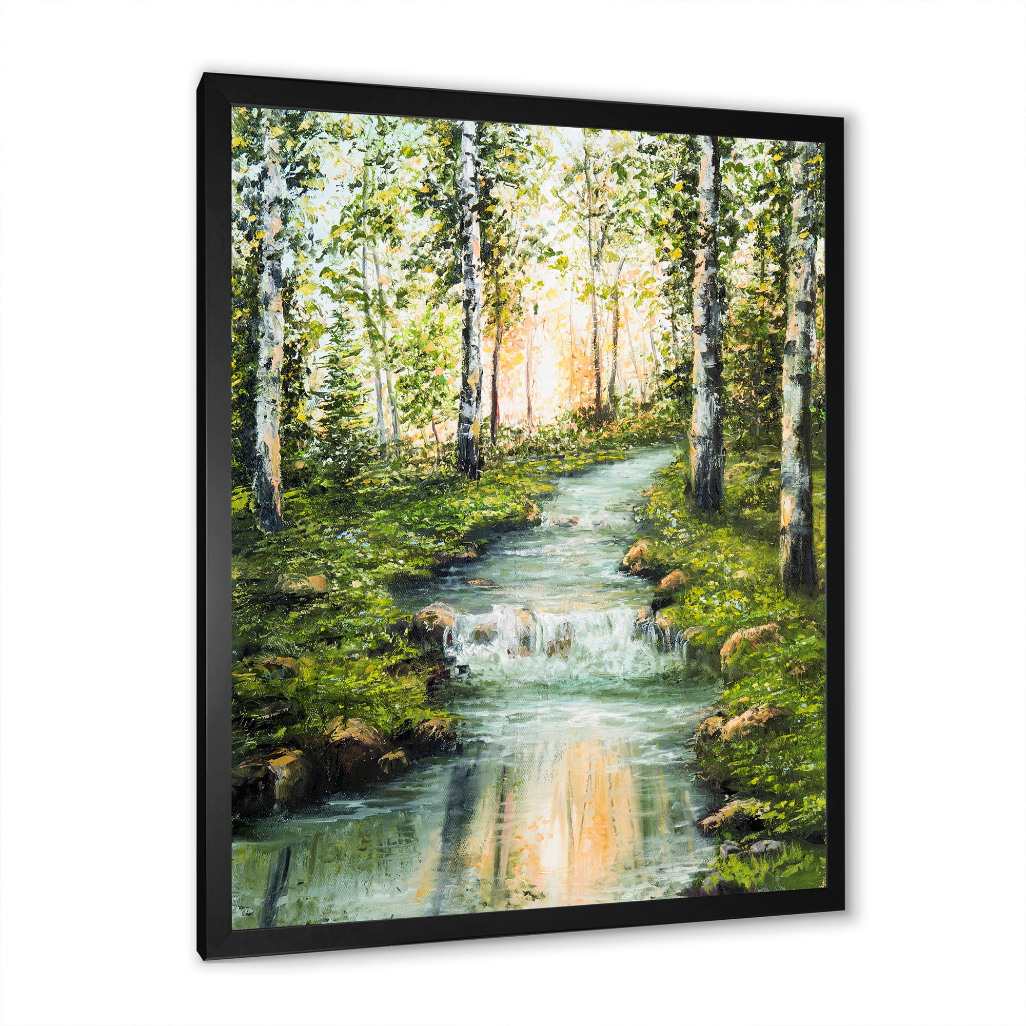 Designart 'River Through Green Birch Forest' Lake House Framed Art Print