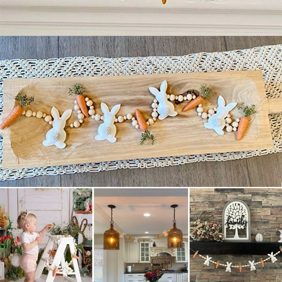 Easter Bunny Carrot Wooden Bead Garland, Rustic Rabbit Tassel Banner for Mantle, Farmhouse Beaded Garland with Carrot Pendant, Easter Tiered Tray Decor for Home Wall Hanging