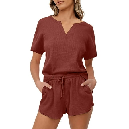 

Women s Summer Waffle Knit Pajama Set V-Neck Short Sleeve Top and Shorts with Pockets