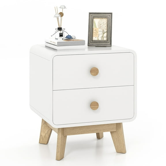 Costway 1 PCS Nightstand Mid Century Modern Bedside Table with 2 Drawers Solid Rubber Wood Legs White